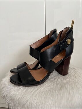Tommy Hilfiger Black Leather Cross-Strap Block Heel Sandals, Size 8